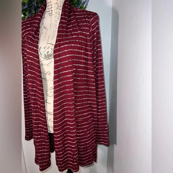 LOGO Lori Goldstein striped pockets long sleeve,shawl neckline, open cardigan Lg - Picture 3 of 11